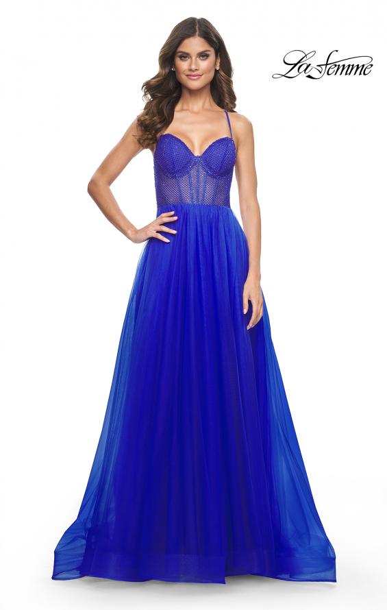 La Femme 32135 prom dress images. La Femme 32135 is available in these colors: Black, Dark Berry, Dark Emerald, Royal Blue.