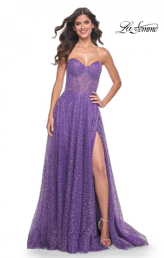 La Femme 32136 prom dress images. La Femme 32136 is available in these colors: Cloud Blue, Purple.