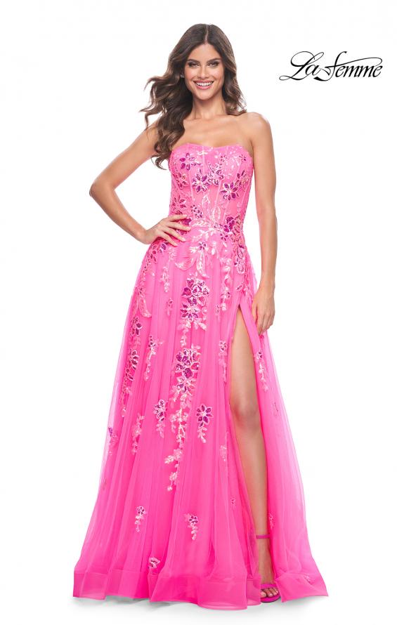 La Femme 32137 prom dress images. La Femme 32137 is available in these colors: Neon Pink.