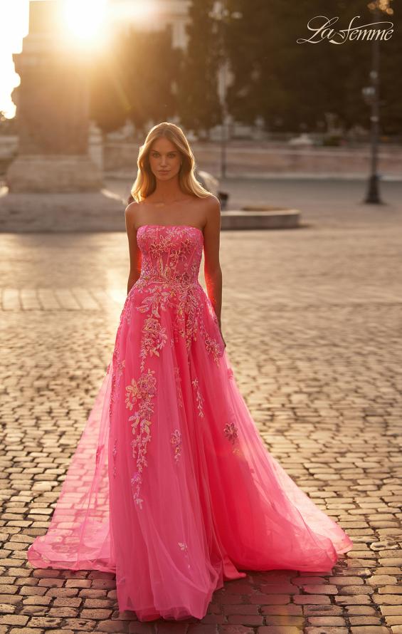 La Femme 32137 prom dress images. La Femme 32137 is available in these colors: Neon Pink.