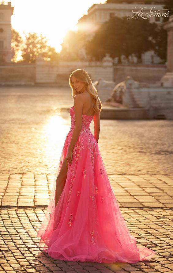 La Femme 32137 prom dress images. La Femme 32137 is available in these colors: Neon Pink.