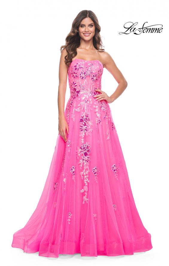 La Femme 32137 prom dress images. La Femme 32137 is available in these colors: Neon Pink.