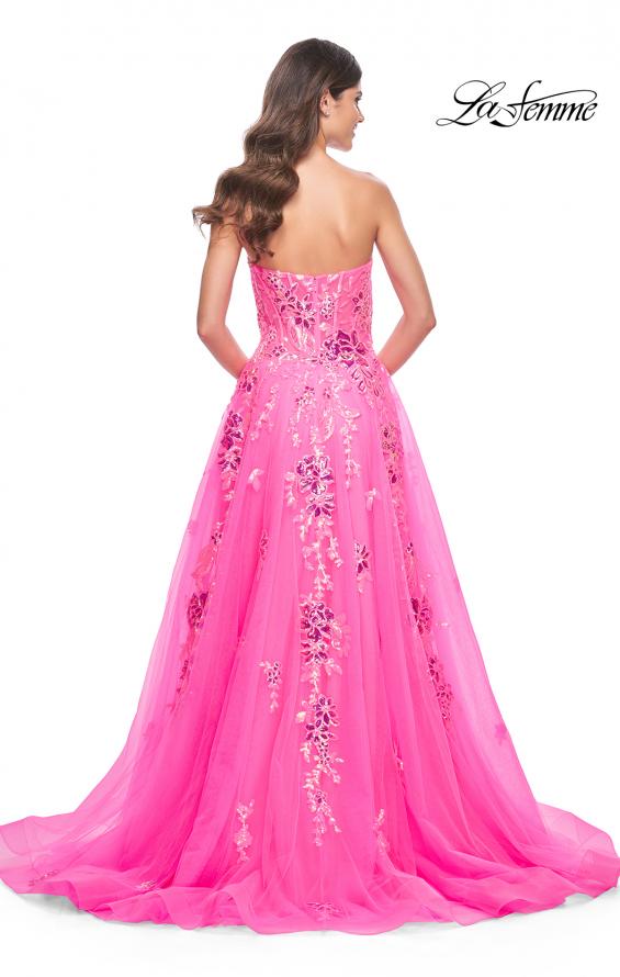 La Femme 32137 prom dress images. La Femme 32137 is available in these colors: Neon Pink.