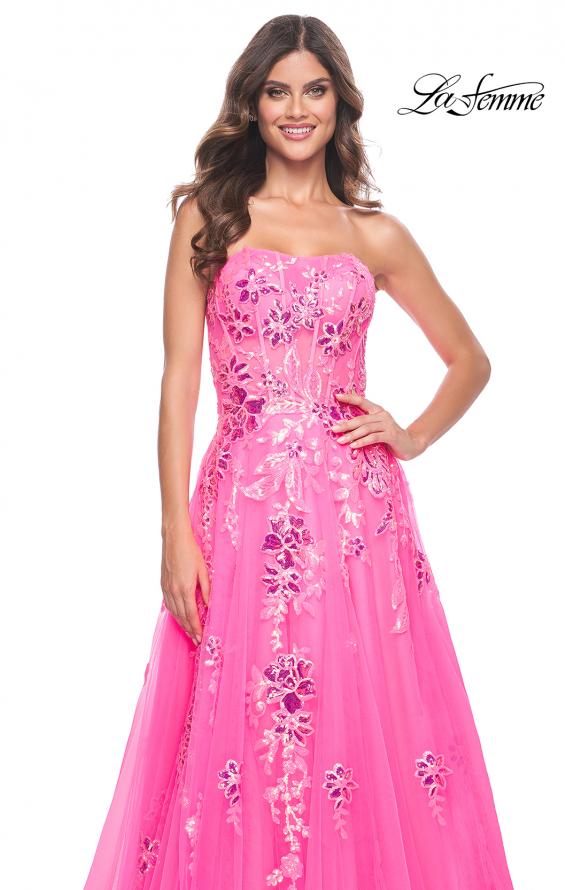 La Femme 32137 prom dress images. La Femme 32137 is available in these colors: Neon Pink.