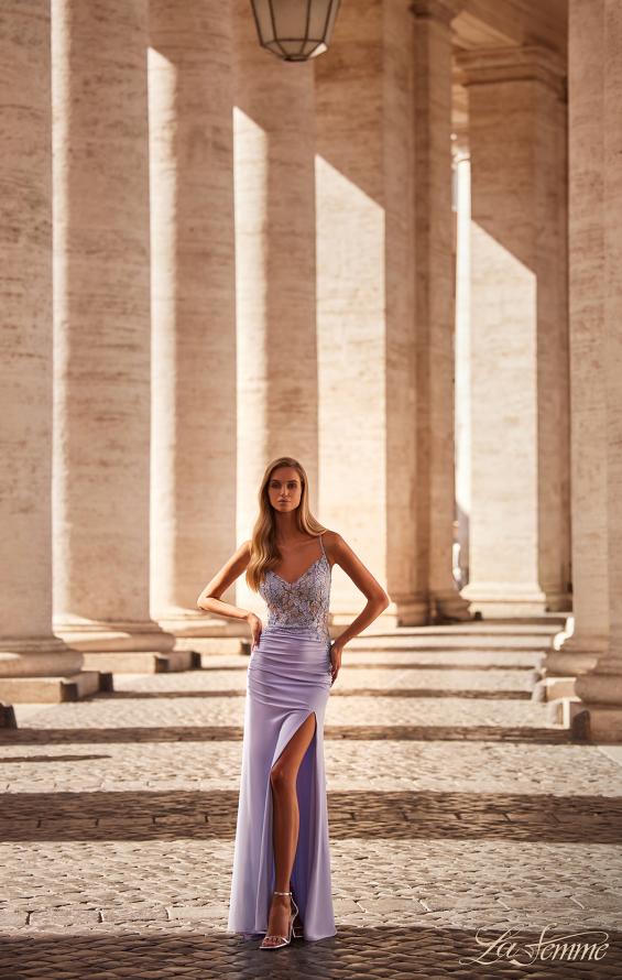 La Femme 32139 prom dress images. La Femme 32139 is available in these colors: Dark Berry, Dark Emerald, Light Periwinkle, Royal Blue.