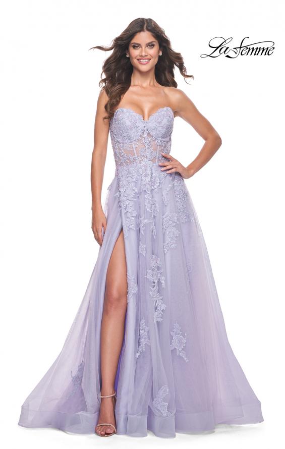 La Femme 32145 prom dress images. La Femme 32145 is available in these colors: Light Periwinkle.