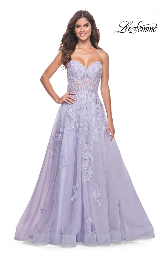 La Femme 32145 prom dress images. La Femme 32145 is available in these colors: Light Periwinkle.