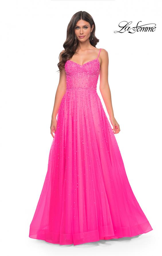 La Femme 32146 prom dress images. La Femme 32146 is available in these colors: Light Periwinkle, Neon Pink, Royal Blue, Sage.