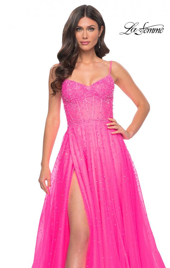 La Femme 32146 prom dress images. La Femme 32146 is available in these colors: Light Periwinkle, Neon Pink, Royal Blue, Sage.
