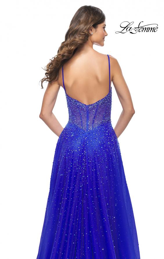 La Femme 32146 prom dress images. La Femme 32146 is available in these colors: Light Periwinkle, Neon Pink, Royal Blue, Sage.