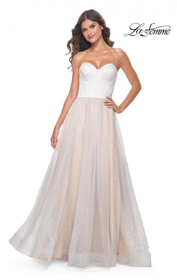 La Femme 32149 prom dress images. La Femme 32149 is available in these colors: White/Nude.