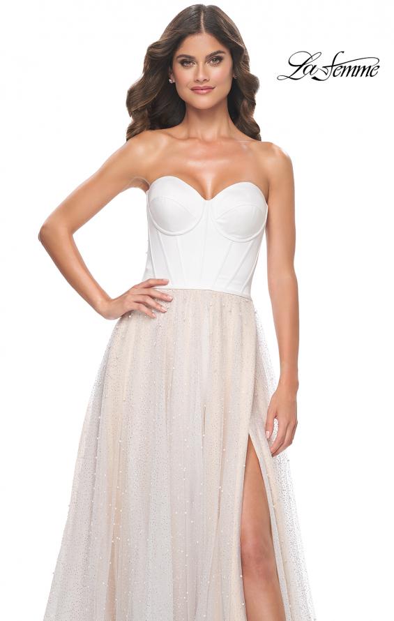 La Femme 32149 prom dress images. La Femme 32149 is available in these colors: White/Nude.