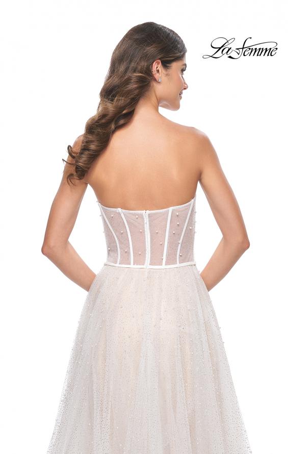 La Femme 32149 prom dress images. La Femme 32149 is available in these colors: White/Nude.