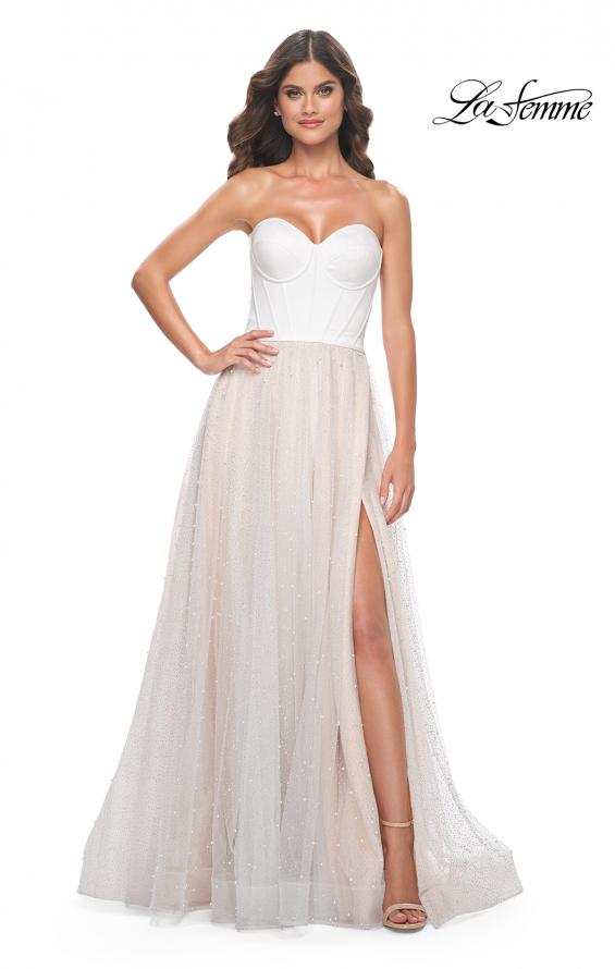 La Femme 32149 prom dress images. La Femme 32149 is available in these colors: White/Nude.