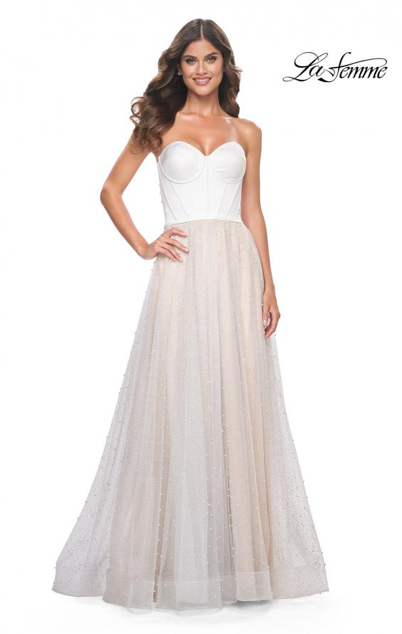 La Femme 32149 prom dress images. La Femme 32149 is available in these colors: White/Nude.