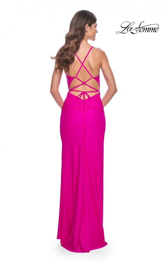 La Femme 32152 prom dress images. La Femme 32152 is available in these colors: Bright Green, Bright Orange, Hot Fuchsia, Jade.
