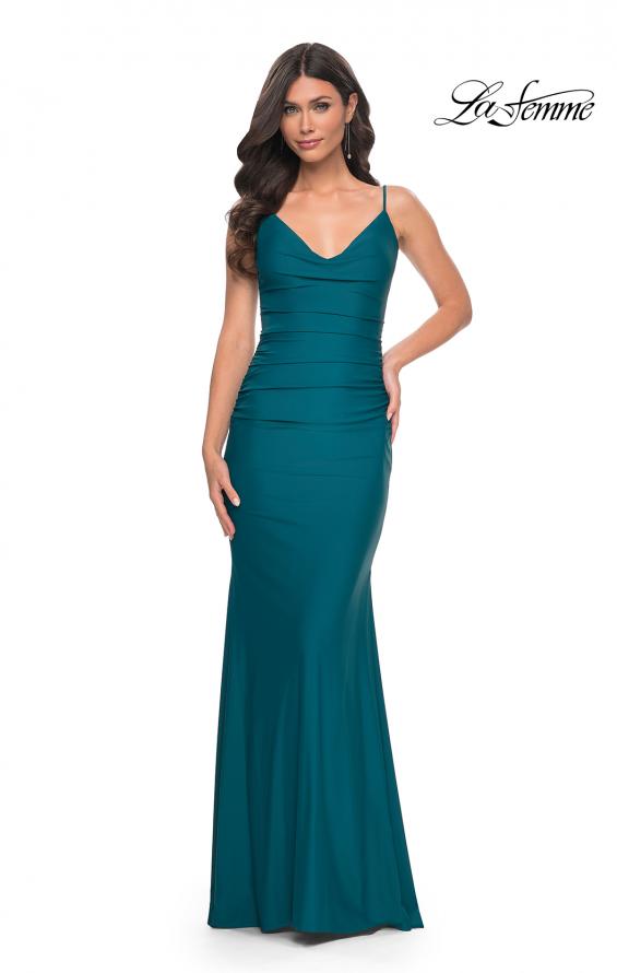 La Femme 32153 prom dress images. La Femme 32153 is available in these colors: Black, Dark Teal, Red, Royal Blue.