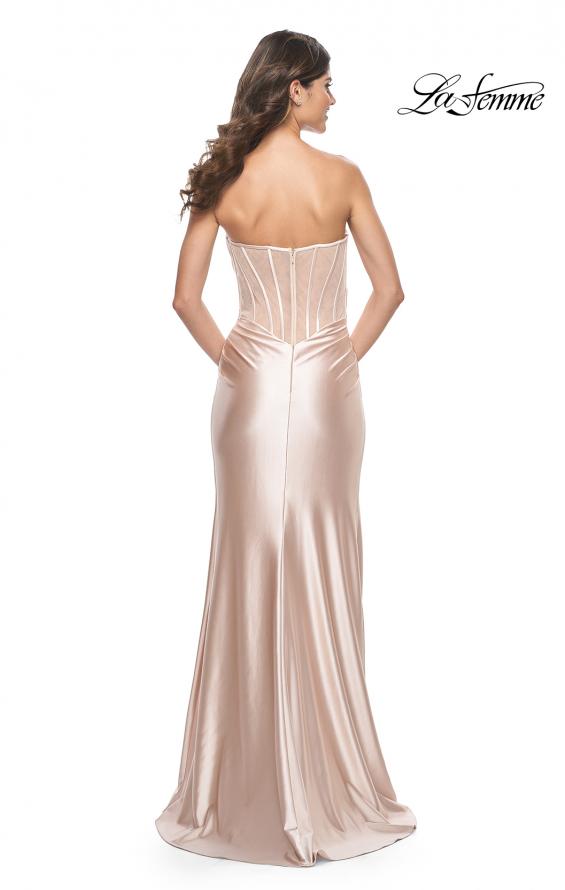La Femme 32159 prom dress images. La Femme 32159 is available in these colors: Champagne, Dark Emerald, Marine Blue.