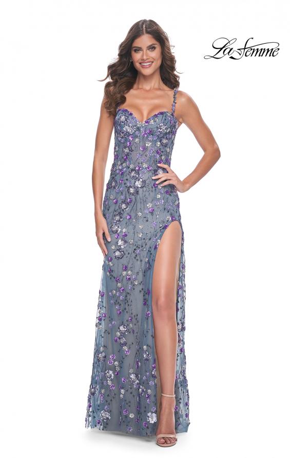 La Femme 32163 prom dress images. La Femme 32163 is available in these colors: Slate Blue.