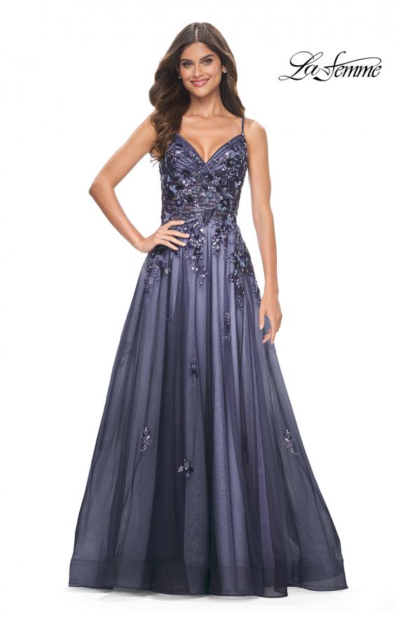 La Femme 32185 prom dress images. La Femme 32185 is available in these colors: Navy.