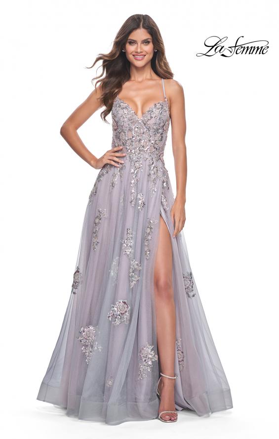 La Femme 32200 prom dress images. La Femme 32200 is available in these colors: Lavender/Gray.