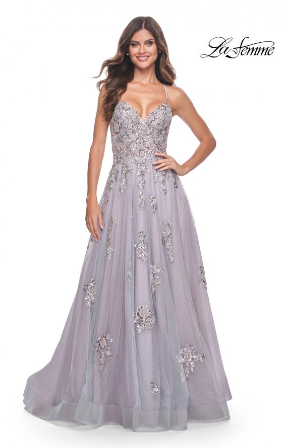 La Femme 32200 prom dress images. La Femme 32200 is available in these colors: Lavender/Gray.