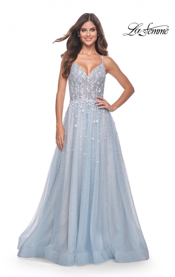 La Femme 32215 prom dress images. La Femme 32215 is available in these colors: Light Blue, Pale Yellow.