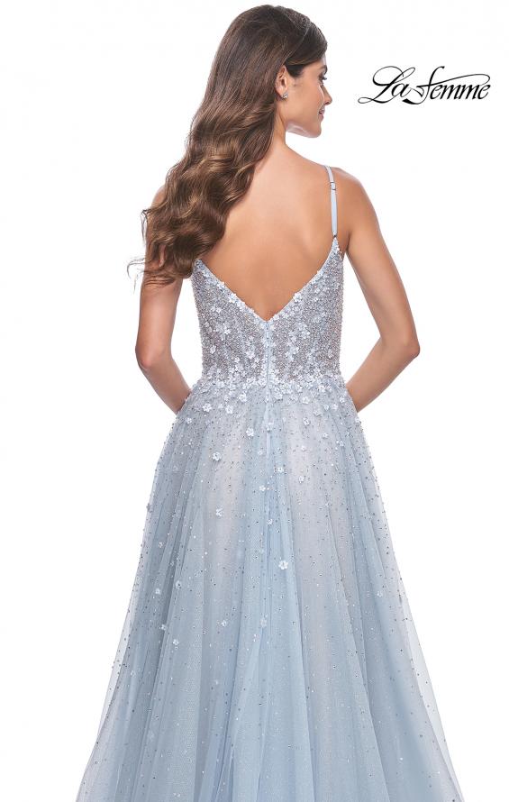 La Femme 32215 prom dress images. La Femme 32215 is available in these colors: Light Blue, Pale Yellow.