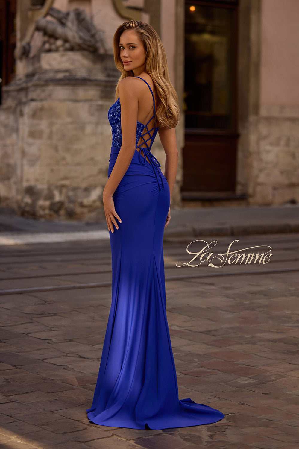 La Femme 32217 prom dress images. La Femme 32217 is available in these colors: Black, Dark Berry, Dark Emerald, Royal Blue.