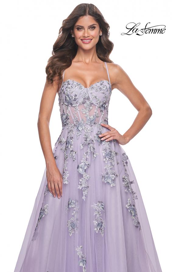 La Femme 32221 prom dress images. La Femme 32221 is available in these colors: Lavender.