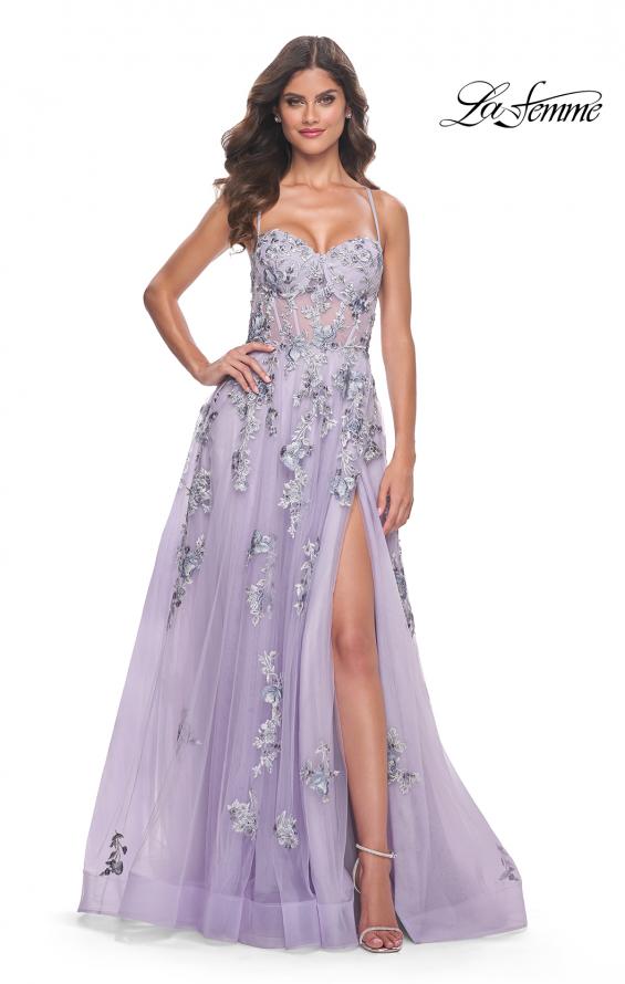 La Femme 32221 prom dress images. La Femme 32221 is available in these colors: Lavender.