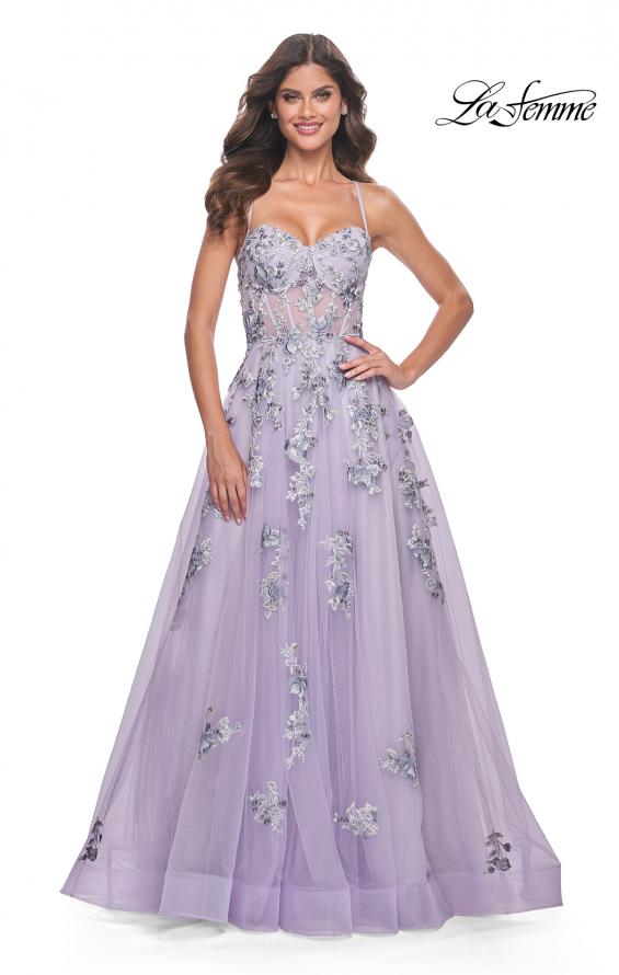 La Femme 32221 prom dress images. La Femme 32221 is available in these colors: Lavender.