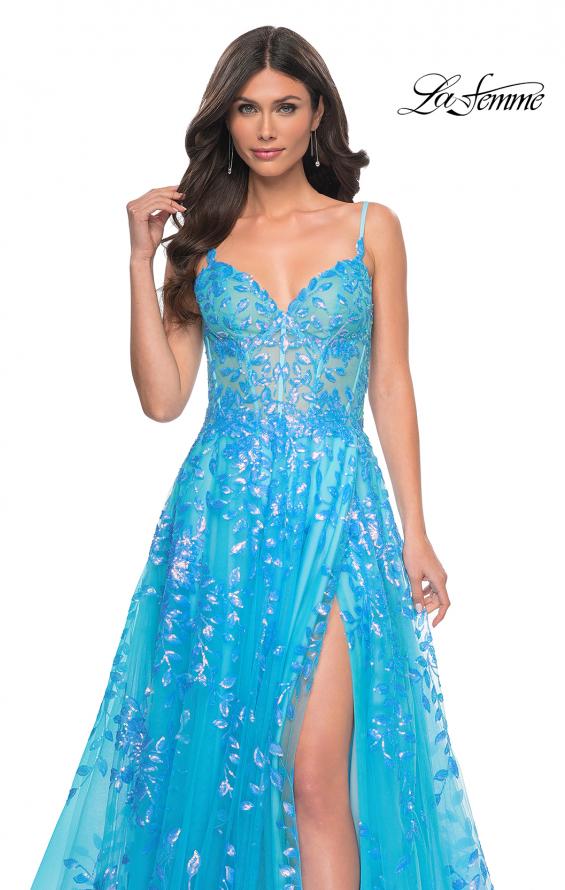 La Femme 32223 prom dress images. La Femme 32223 is available in these colors: Blue, Periwinkle, Pink.