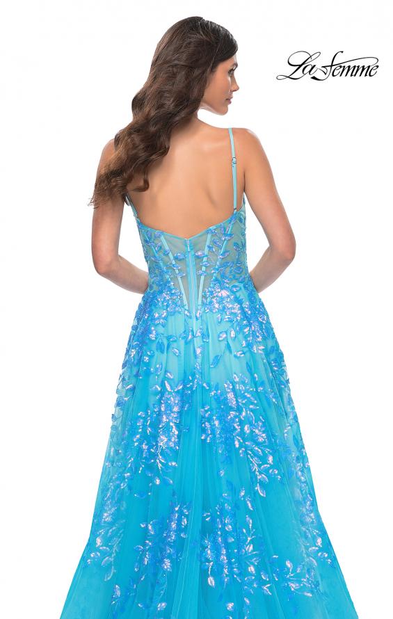 La Femme 32223 prom dress images. La Femme 32223 is available in these colors: Blue, Periwinkle, Pink.