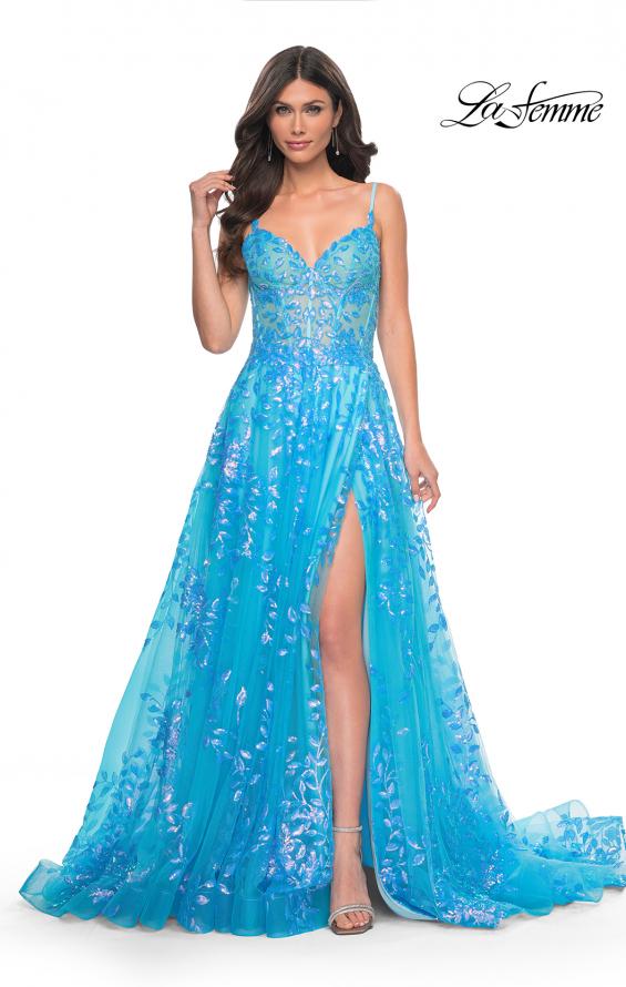 La Femme 32223 prom dress images. La Femme 32223 is available in these colors: Blue, Periwinkle, Pink.
