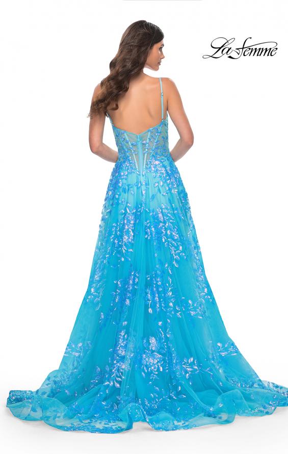 La Femme 32223 prom dress images. La Femme 32223 is available in these colors: Blue, Periwinkle, Pink.