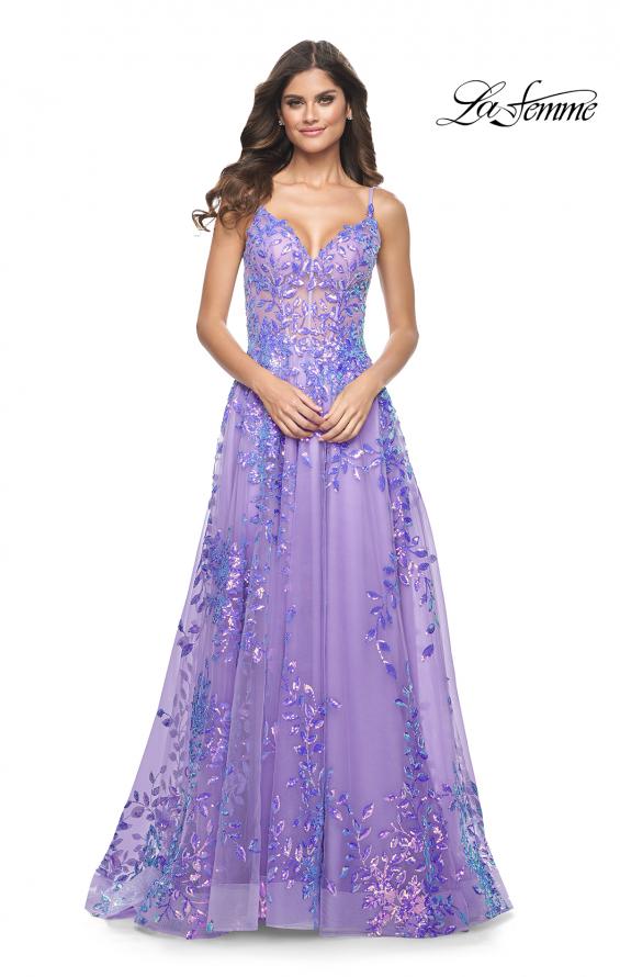La Femme 32223 prom dress images. La Femme 32223 is available in these colors: Blue, Periwinkle, Pink.