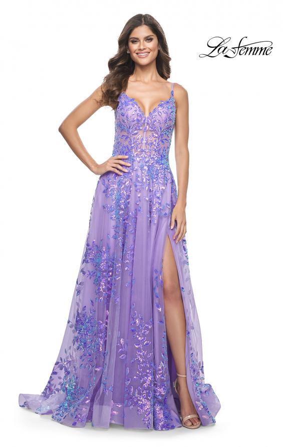La Femme 32223 prom dress images. La Femme 32223 is available in these colors: Blue, Periwinkle, Pink.