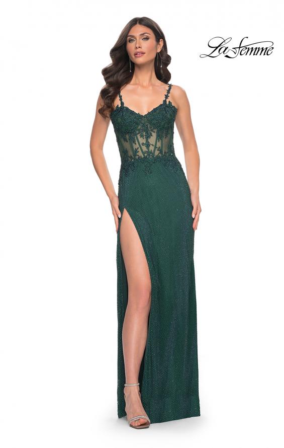 La Femme 32232 prom dress images. La Femme 32232 is available in these colors: Dark Emerald, Marine Blue, Silver.