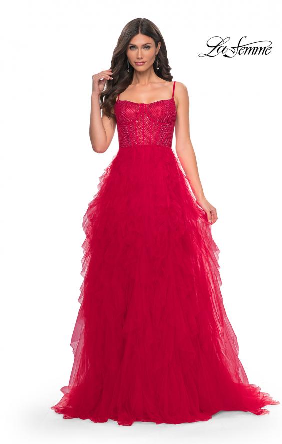 La Femme 32233 prom dress images. La Femme 32233 is available in these colors: Black, Dark Emerald, Navy, Red.