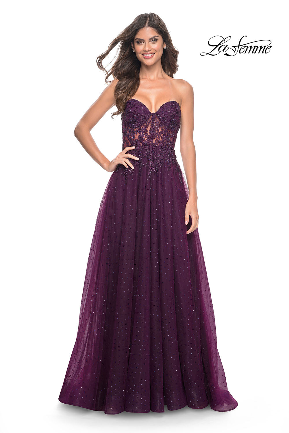 La Femme 32253 prom dress images. La Femme 32253 is available in these colors: Dark Berry, Dark Emerald.