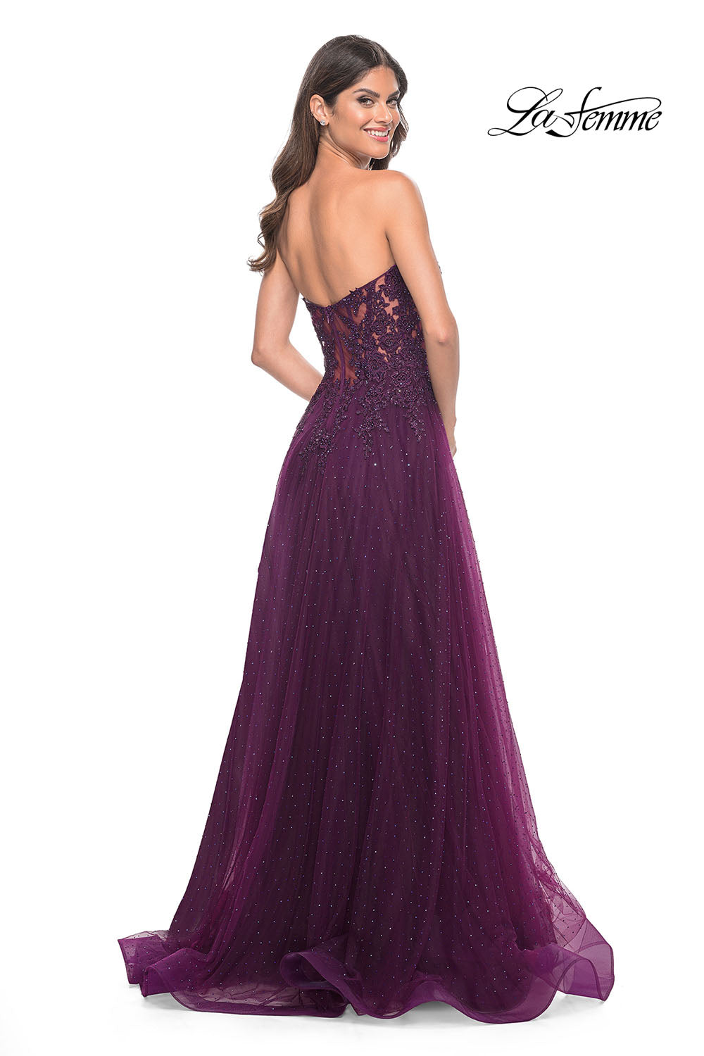 La Femme 32253 prom dress images. La Femme 32253 is available in these colors: Dark Berry, Dark Emerald.
