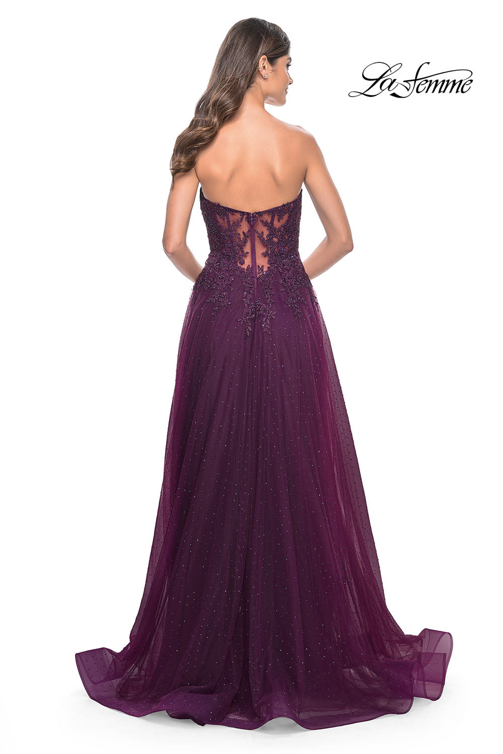 La Femme 32253 prom dress images. La Femme 32253 is available in these colors: Dark Berry, Dark Emerald.