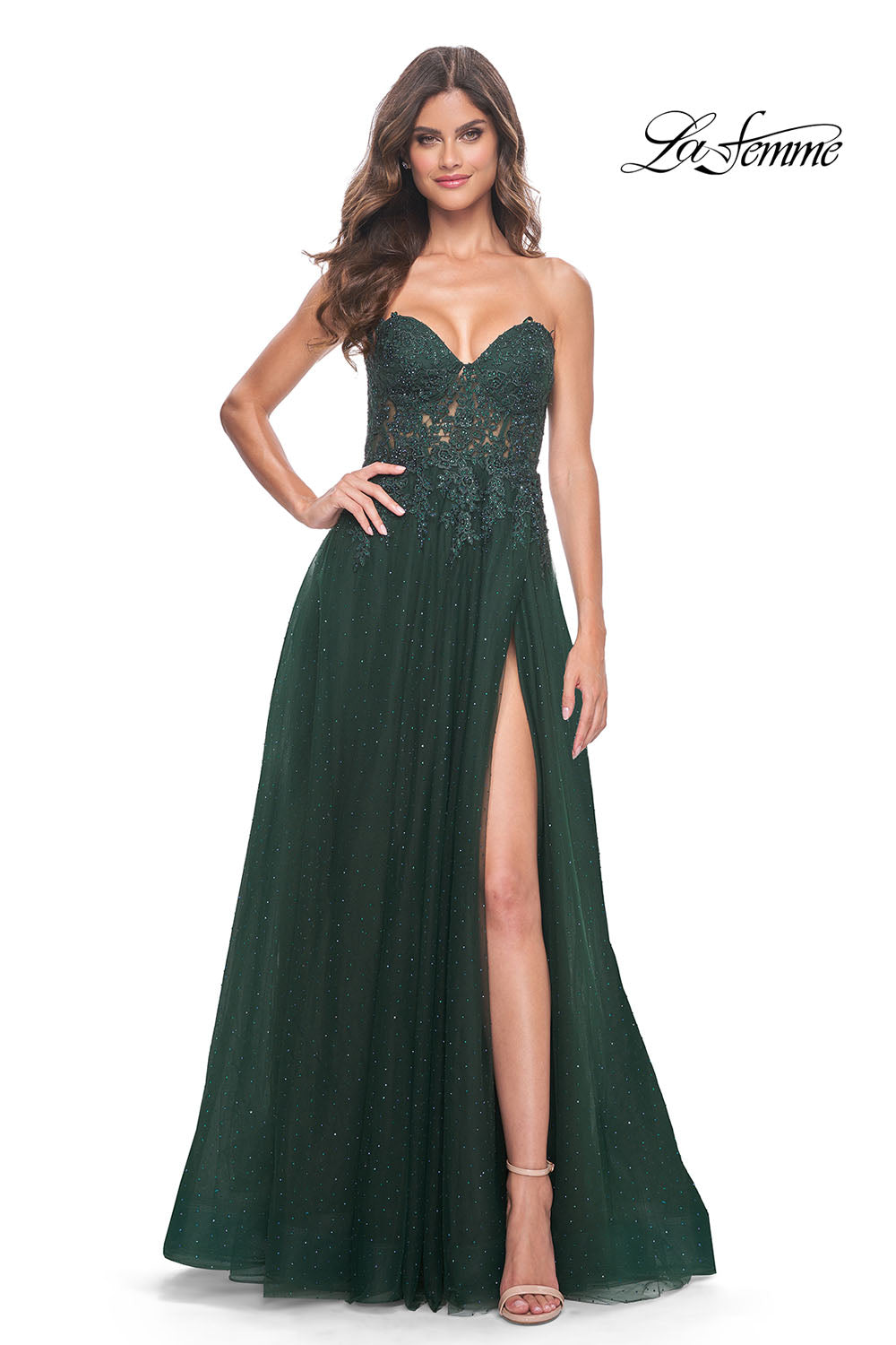 La Femme 32253 prom dress images. La Femme 32253 is available in these colors: Dark Berry, Dark Emerald.