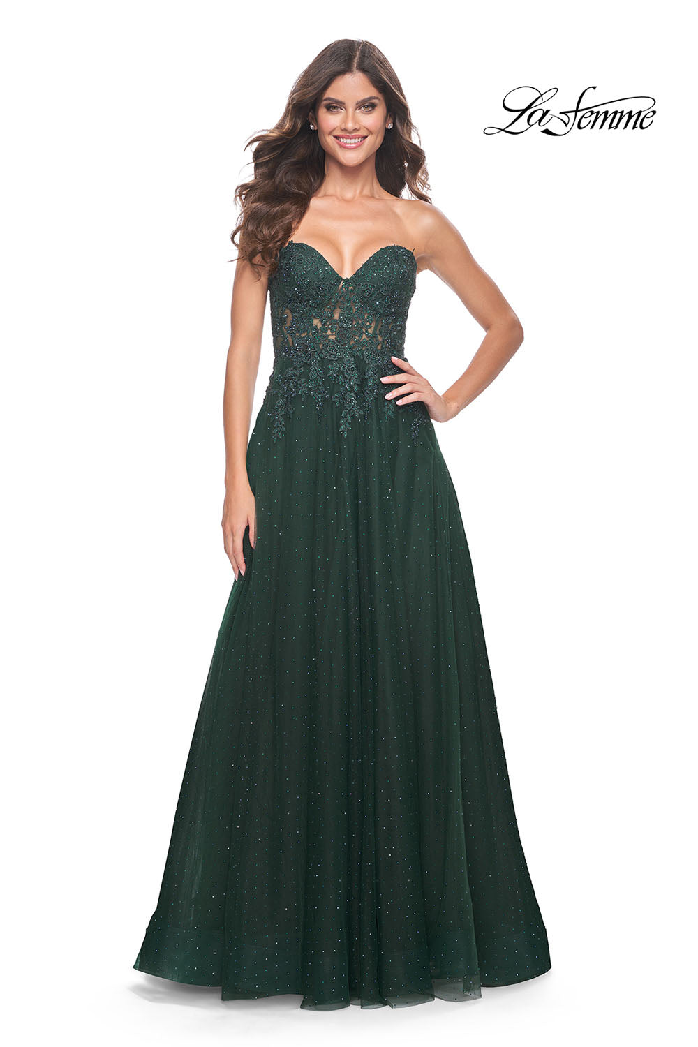 La Femme 32253 prom dress images. La Femme 32253 is available in these colors: Dark Berry, Dark Emerald.