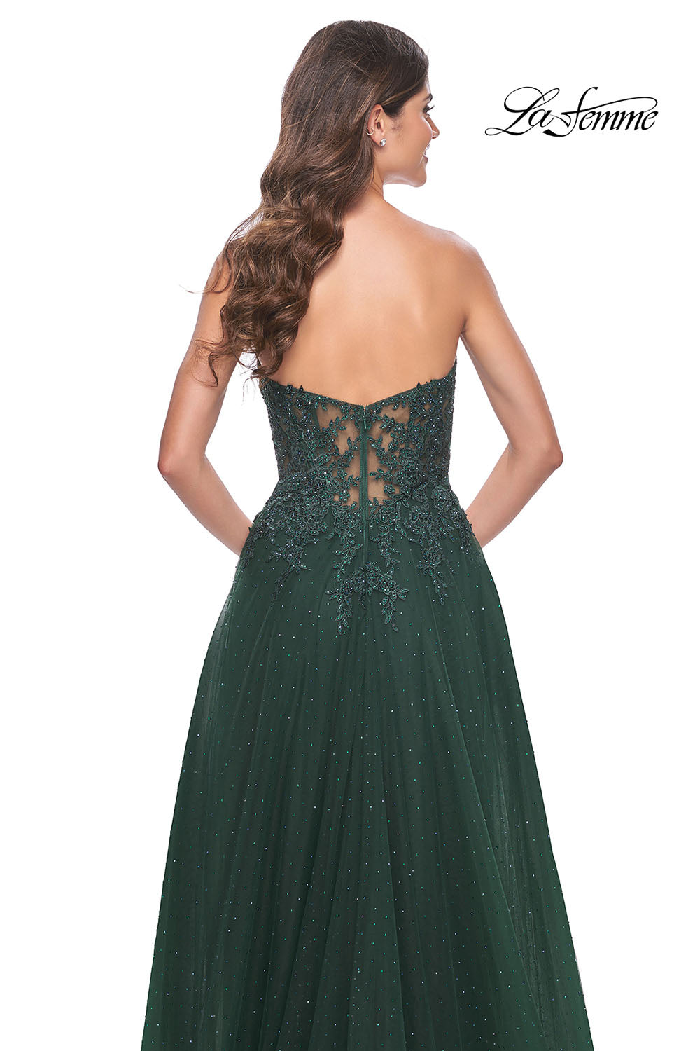 La Femme 32253 prom dress images. La Femme 32253 is available in these colors: Dark Berry, Dark Emerald.