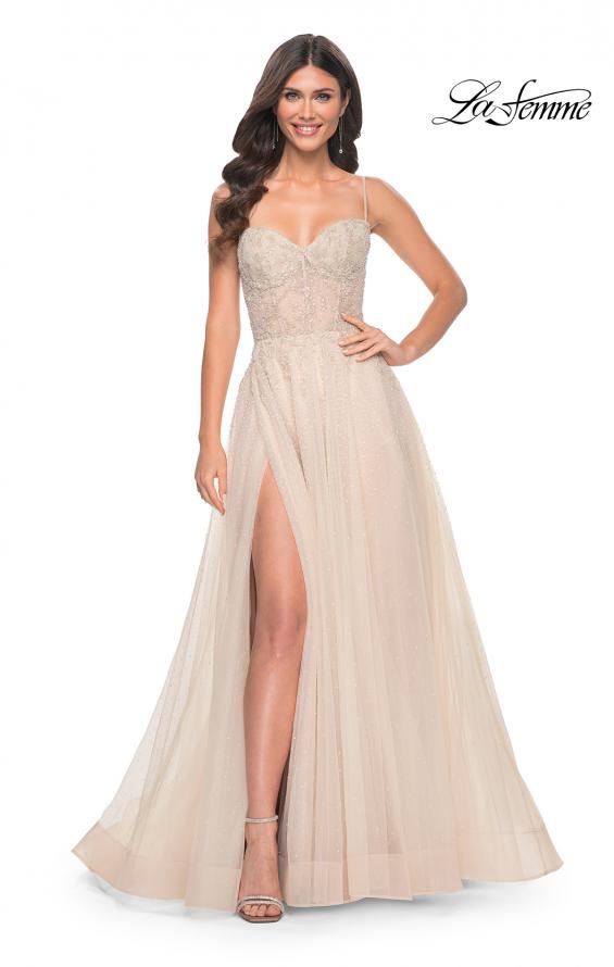 La Femme 32271 prom dress images. La Femme 32271 is available in these colors: Champagne.