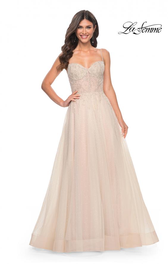 La Femme 32271 prom dress images. La Femme 32271 is available in these colors: Champagne.