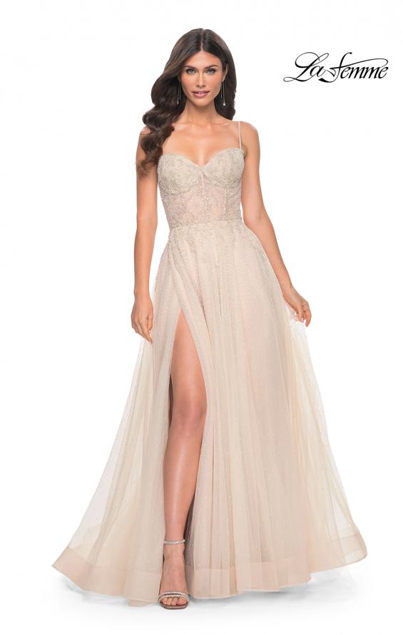 La Femme 32271 prom dress images. La Femme 32271 is available in these colors: Champagne.