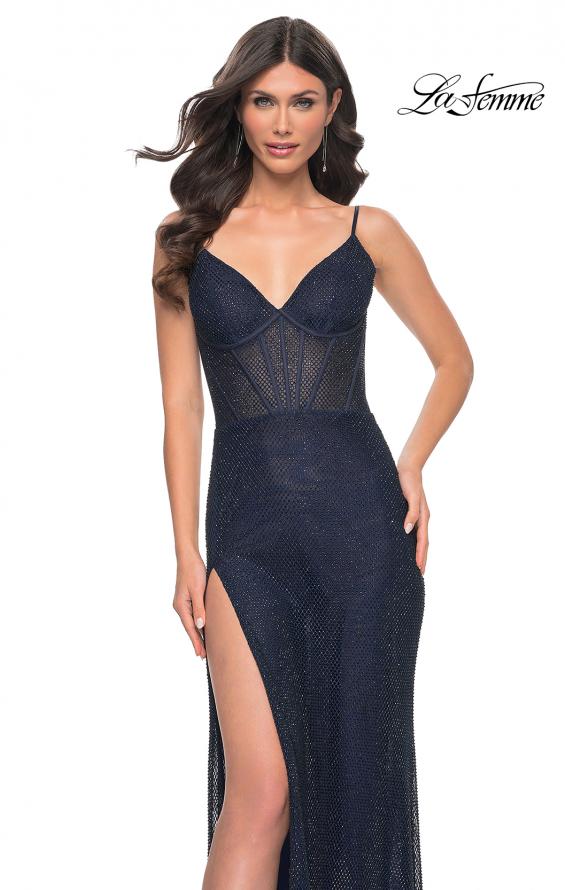 La Femme 32285 prom dress images. La Femme 32285 is available in these colors: Gunmetal, Navy, White.